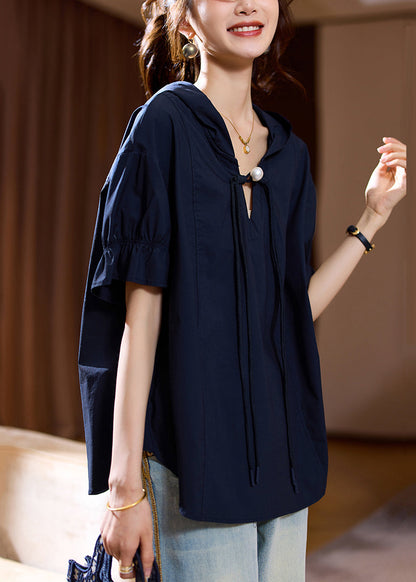 Navy Loose Cotton Top Hooded Short Sleeve