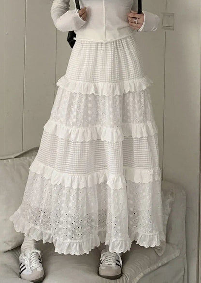 White Ruffled Hollow Out Cotton Skirts Summer