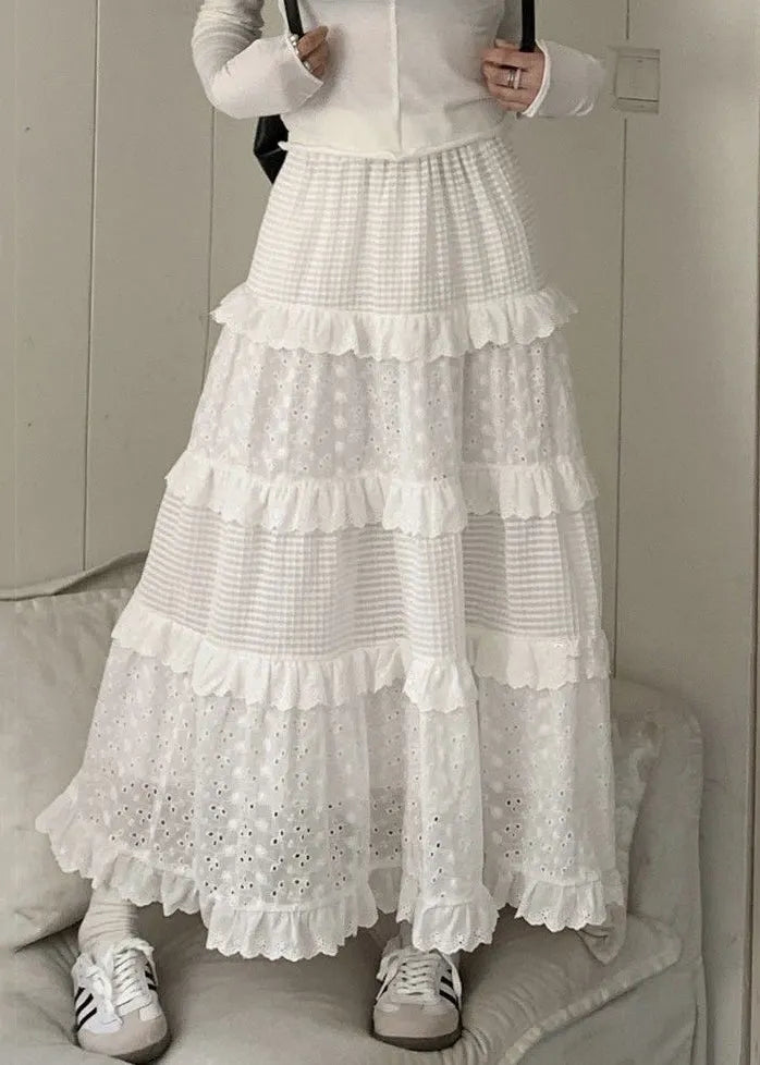 White Ruffled Hollow Out Cotton Skirts Summer