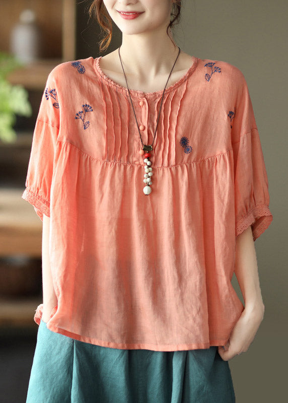 Handmade Orange O-neck Embroidered Button Wrinkled Linen Tops Half Sleeve
