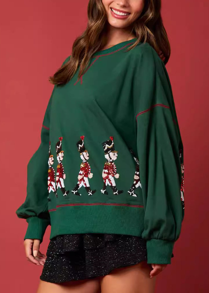 Green O Neck Sequins Cotton Loose Sweatshirt Winter
