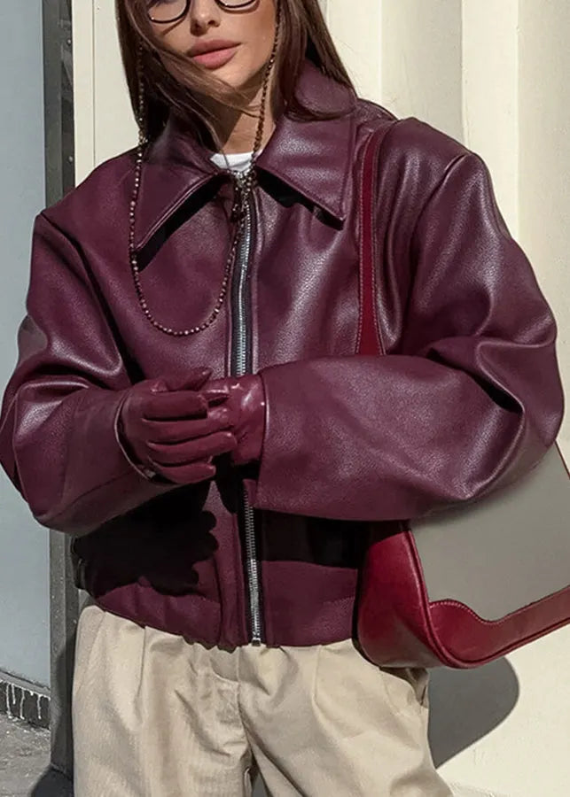 Mulberry Peter Pan Collar Zip Up Faux Leather Coats Fall