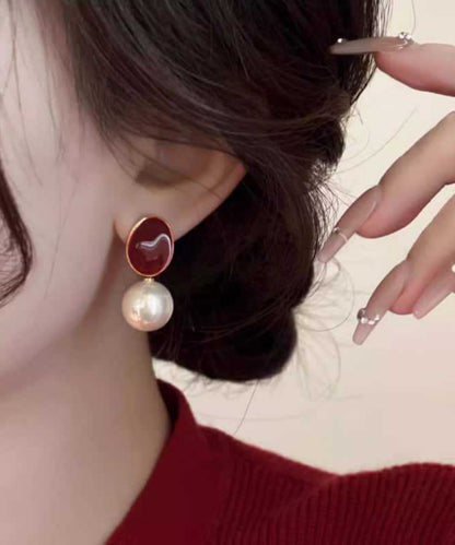 New Red Copper Overgild Pearl Drop Earrings