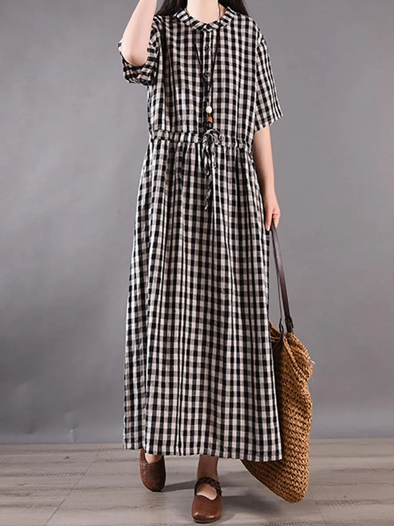 Summer Plaid Strap Linen Cotton Dress