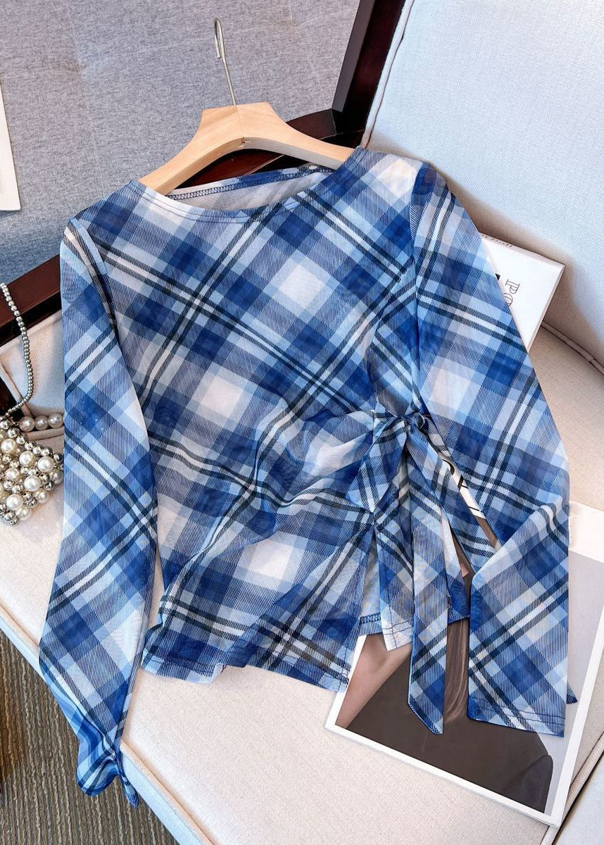 Plaid Blue Lace Up Side Open Tulle Shirts