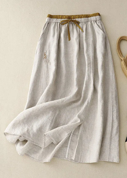 Linen Embroidered Elastic Waist Linen Skirts Summer