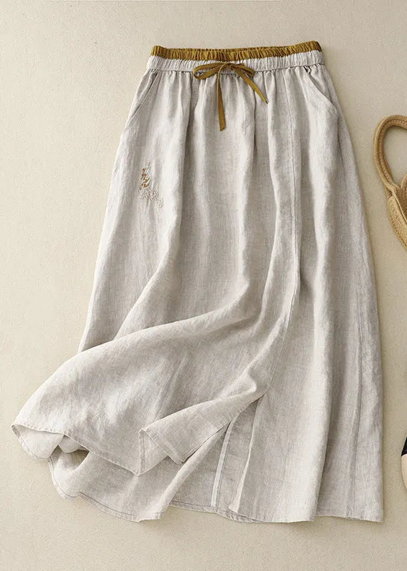 Linen Embroidered Elastic Waist Linen Skirts Summer