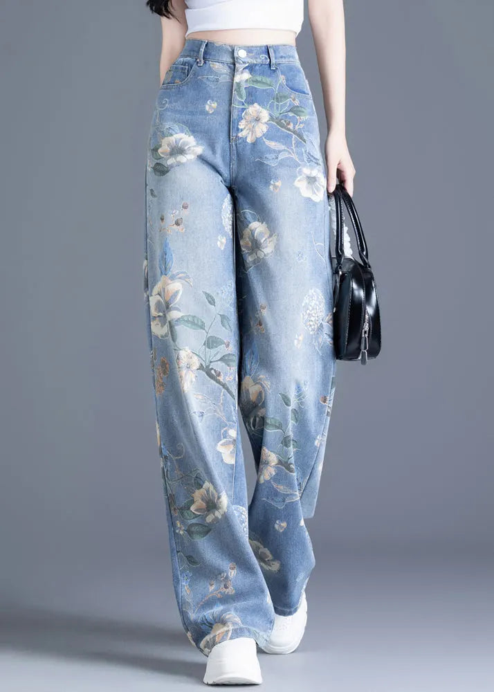 Blue Oversized Print Denim Straight Pants Spring