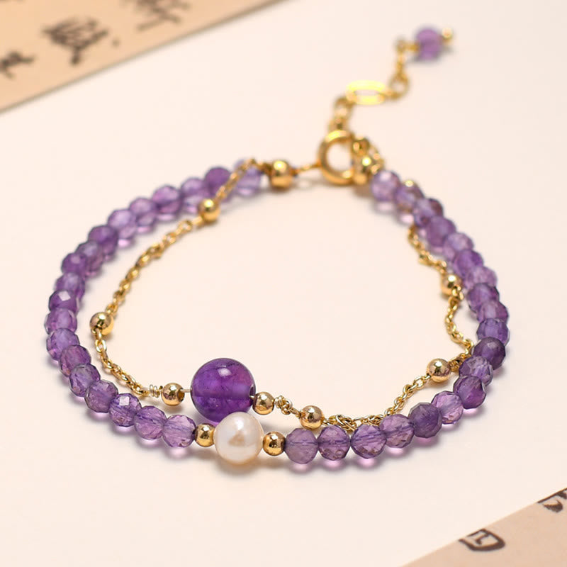 Buddha Stones 14k Gold Plated Amethyst Crystal Healing Double Layer Chain Bracelet