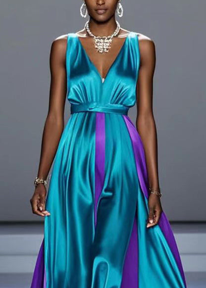 Green Asymmetrical Patchwork Exra Large Hem Silk Long Dress Summer