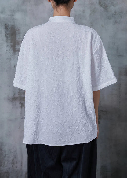 White Jacquard Chinese Button Cotton Shirts Summer