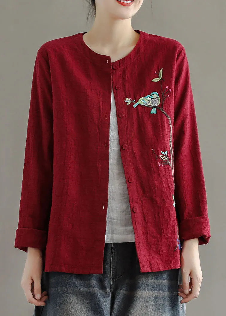 Red Embroidered Patchwork Cotton Cardigans Coats Spring