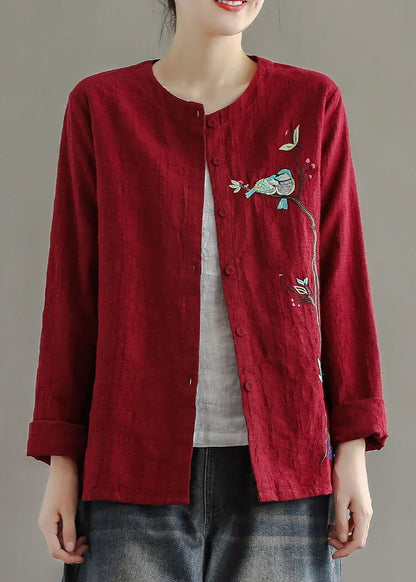 Red Embroidered Patchwork Cotton Cardigans Coats Spring