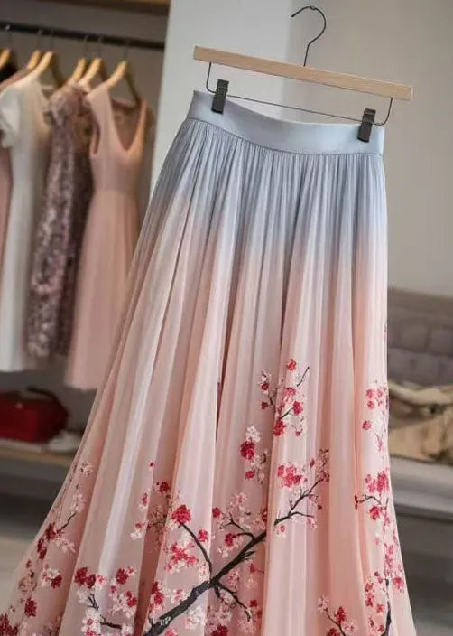 Pink Print Elastic Waist Chiffon Pleated Skirt Summer