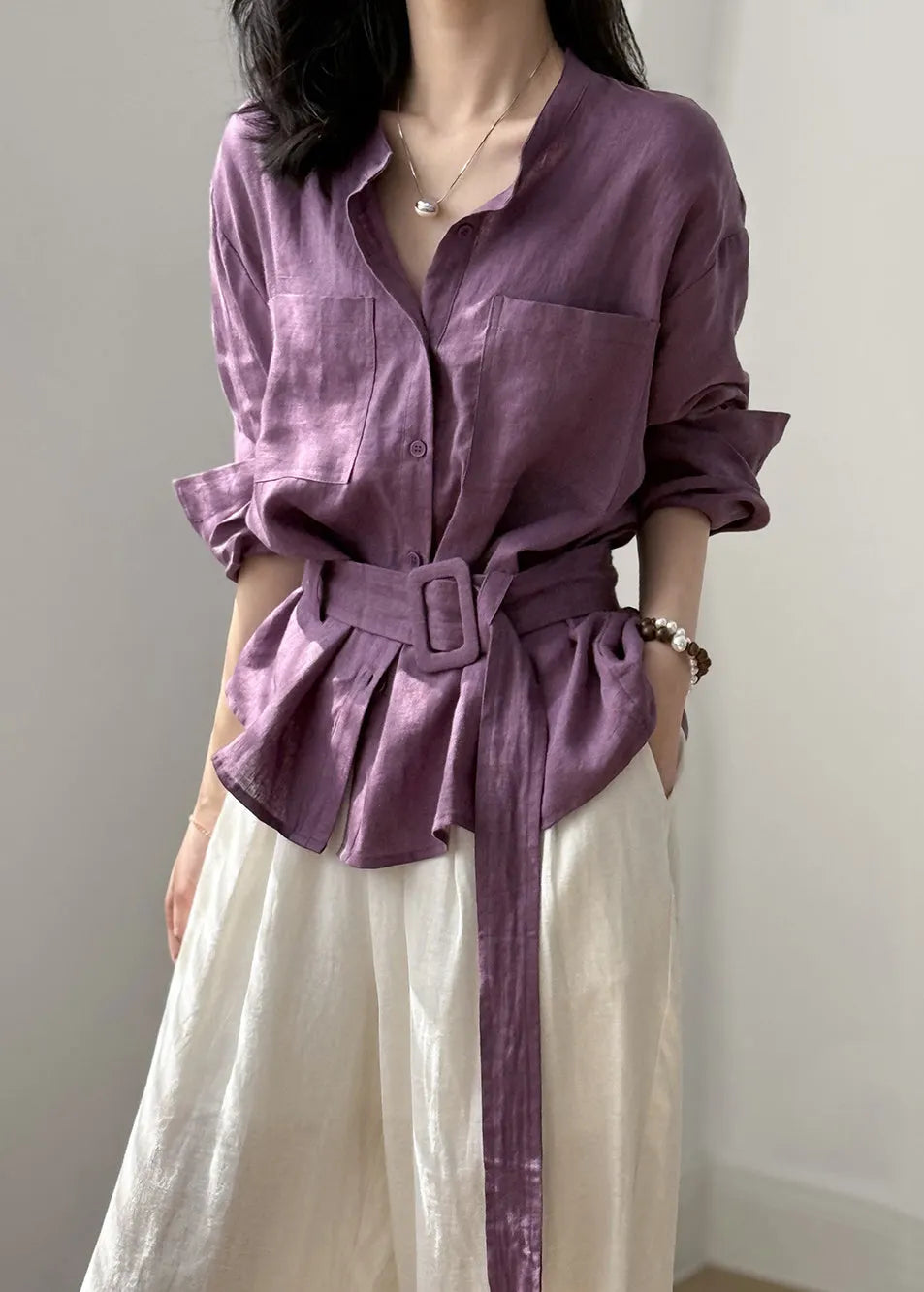 Purple Button Pockets Linen Shirt Top O Neck