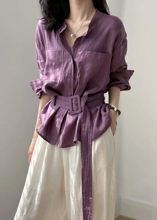 Purple Button Pockets Linen Shirt Top O Neck