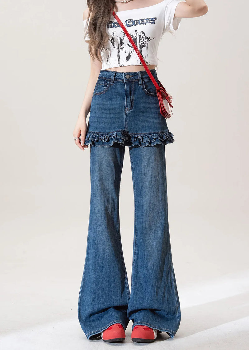 Blue Ruffled Pockets Patchwork Denim Flared Trousers Fall
