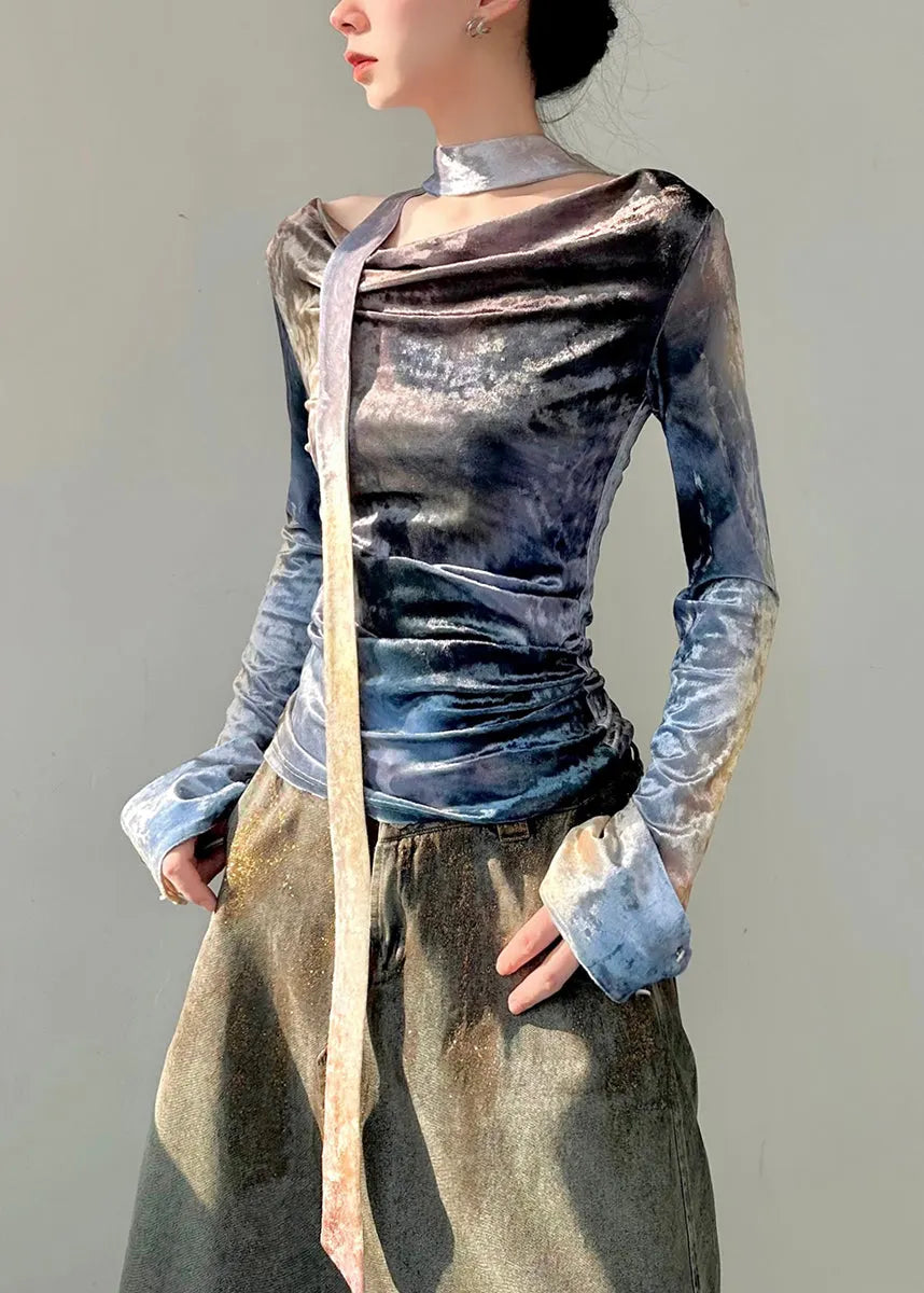 New Blue O-neck Wrinkled Silk Velour Tops Fall