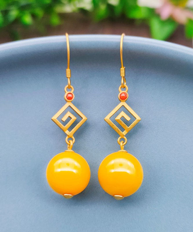 Yellow Sterling Silver Overgild Beeswax Agate Drop Earrings