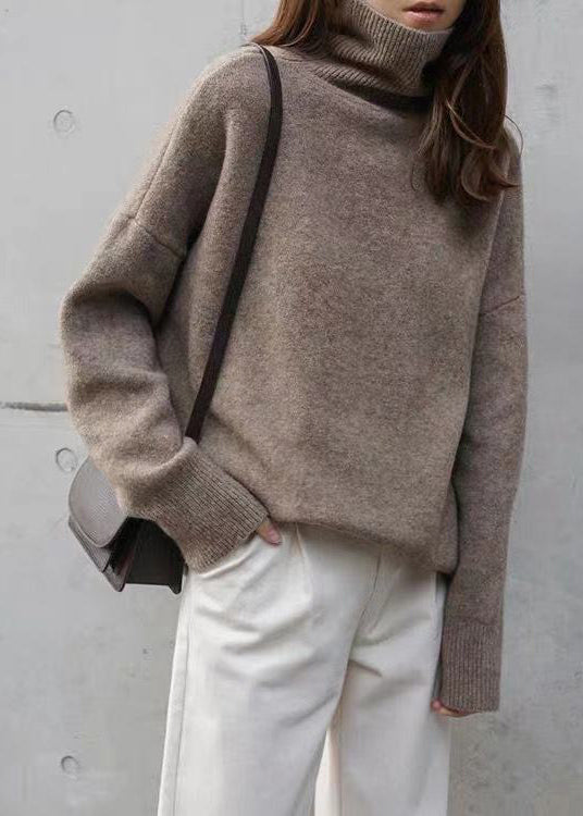 French Khaki Hign Neck Thick Knitted Sweaters Tops Fall