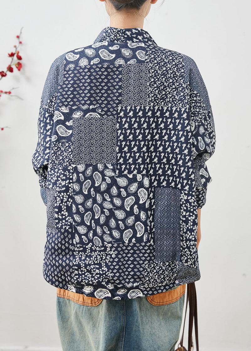 Navy Oversized Print Linen Coat Spring