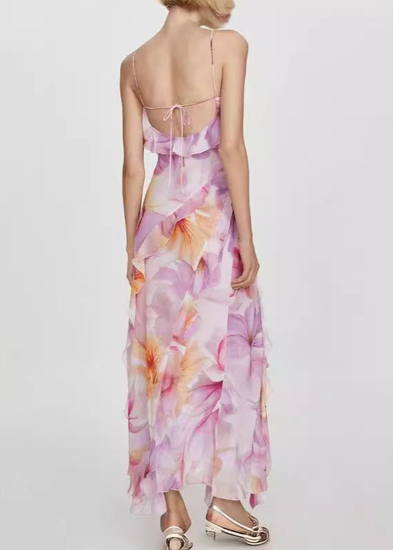 Stylish Light Purple Ruffled Print Cotton Spaghetti Strap Dress Summer