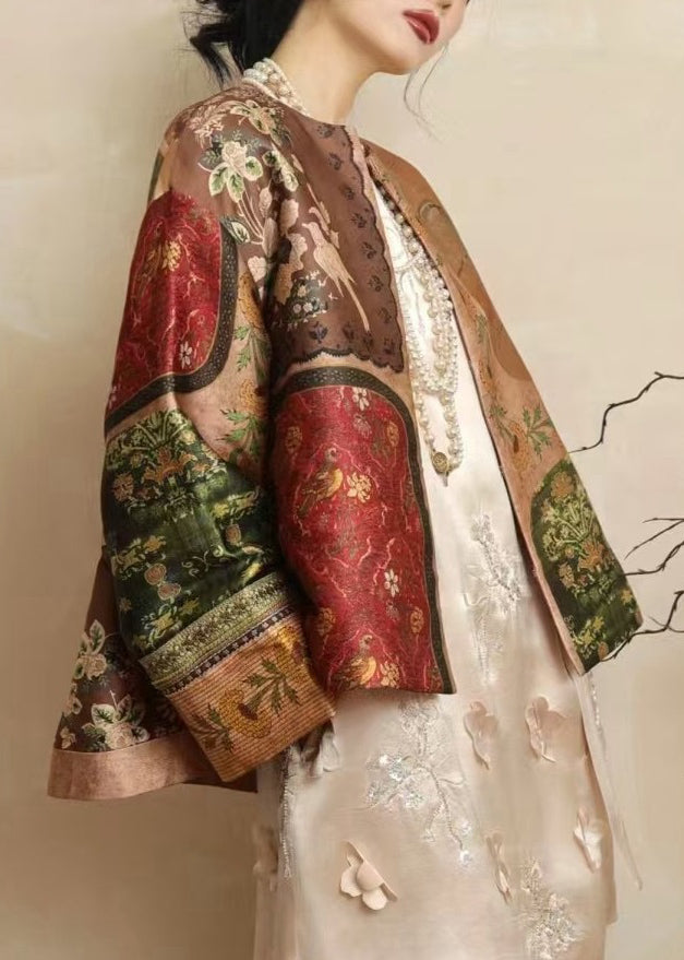 Chinese Style Yellow O-neck Print Silk Coats Spring