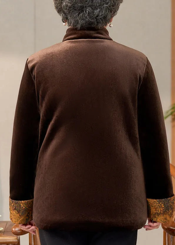 Coffee Print Pockets Silk Velvet Warm Coats Spring