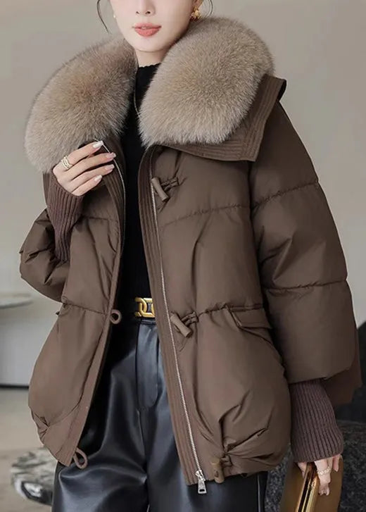 Coffee Pockets Fur Collar Fine Cotton Filled Coats Winter