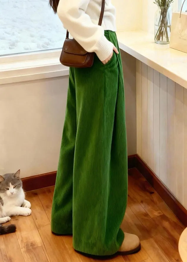 Green Pockets Corduroy Wide Leg Pants Spring