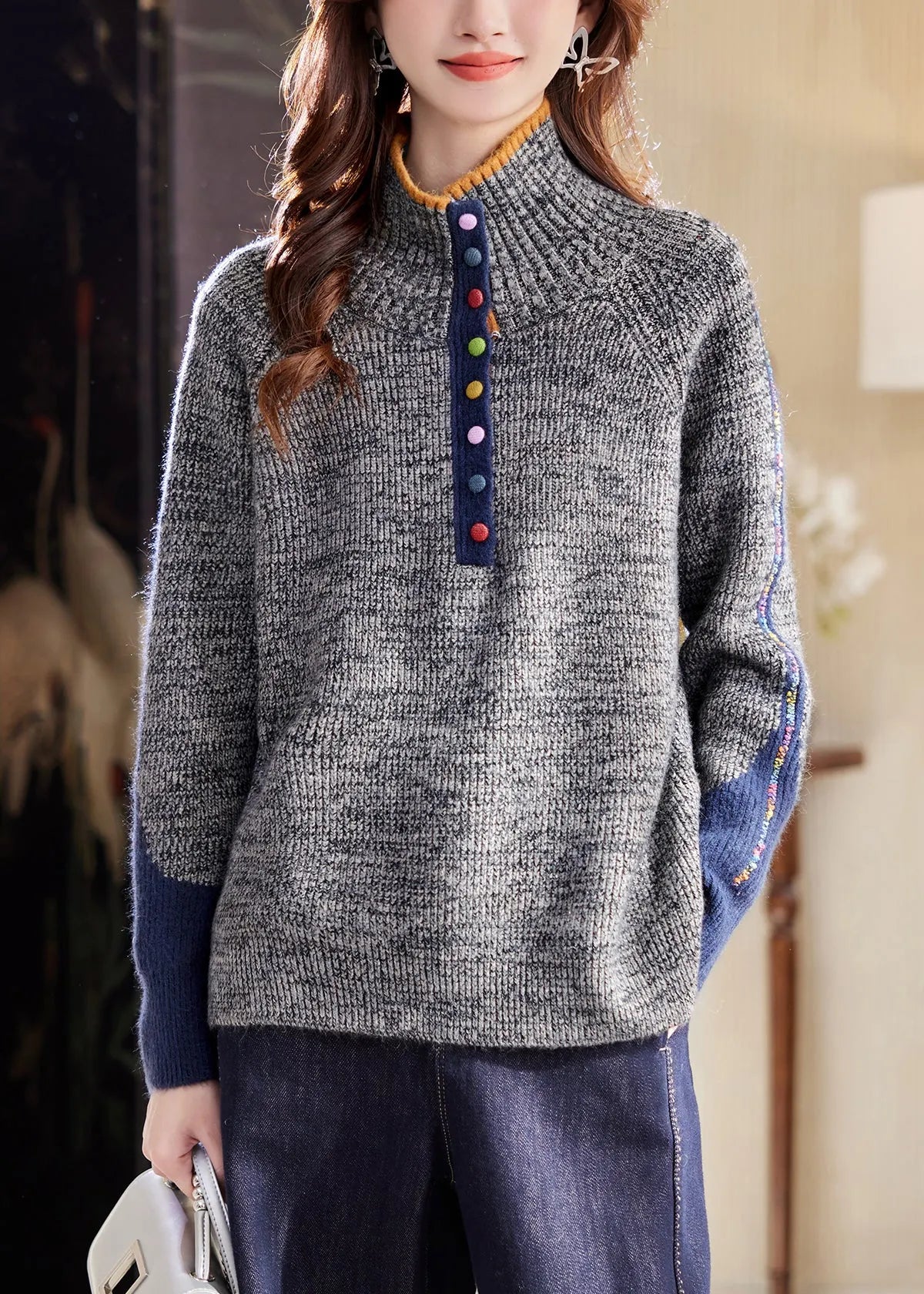 Loose Grey Turtleneck Cozy Patchwork Knit Sweaters Winter