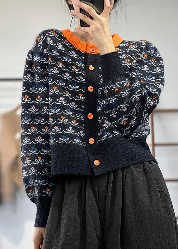 Black O-neck Jacquard Patchwork Knit Cardigans Winter