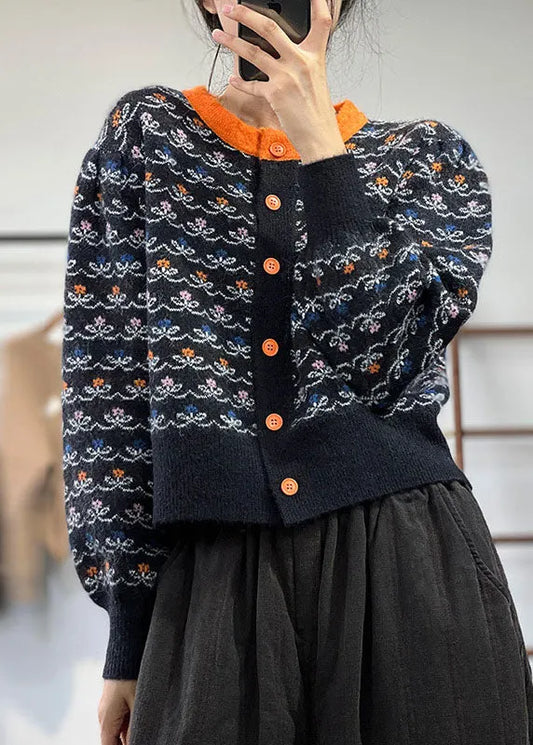 Black O-neck Jacquard Patchwork Knit Cardigans Winter