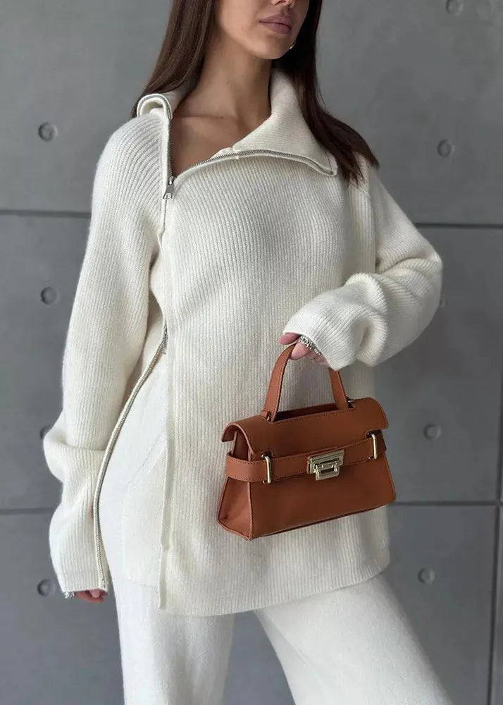 Stylish White High Neck Zip Up Knit Sets 2 Pieces Spring