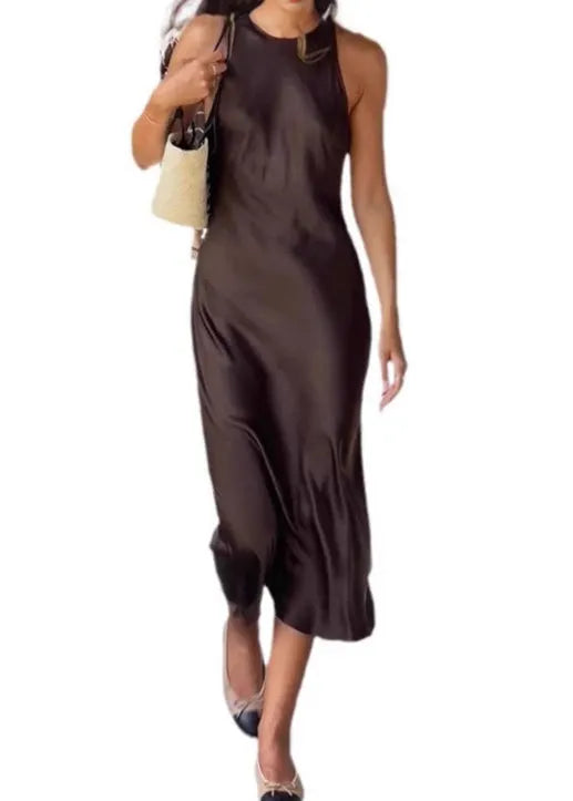 Simple Coffee O Neck Silk Long Dress Sleeveless