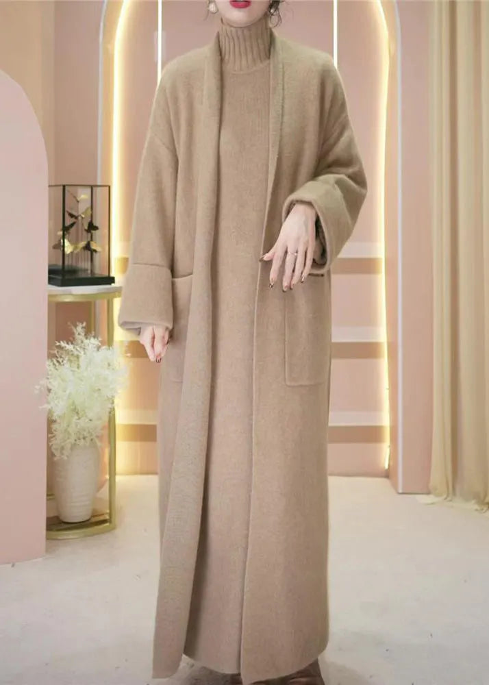 Loose Camel Pockets Woolen Cardigan and Turtleneck Knit Dress Two Piece Set Winter