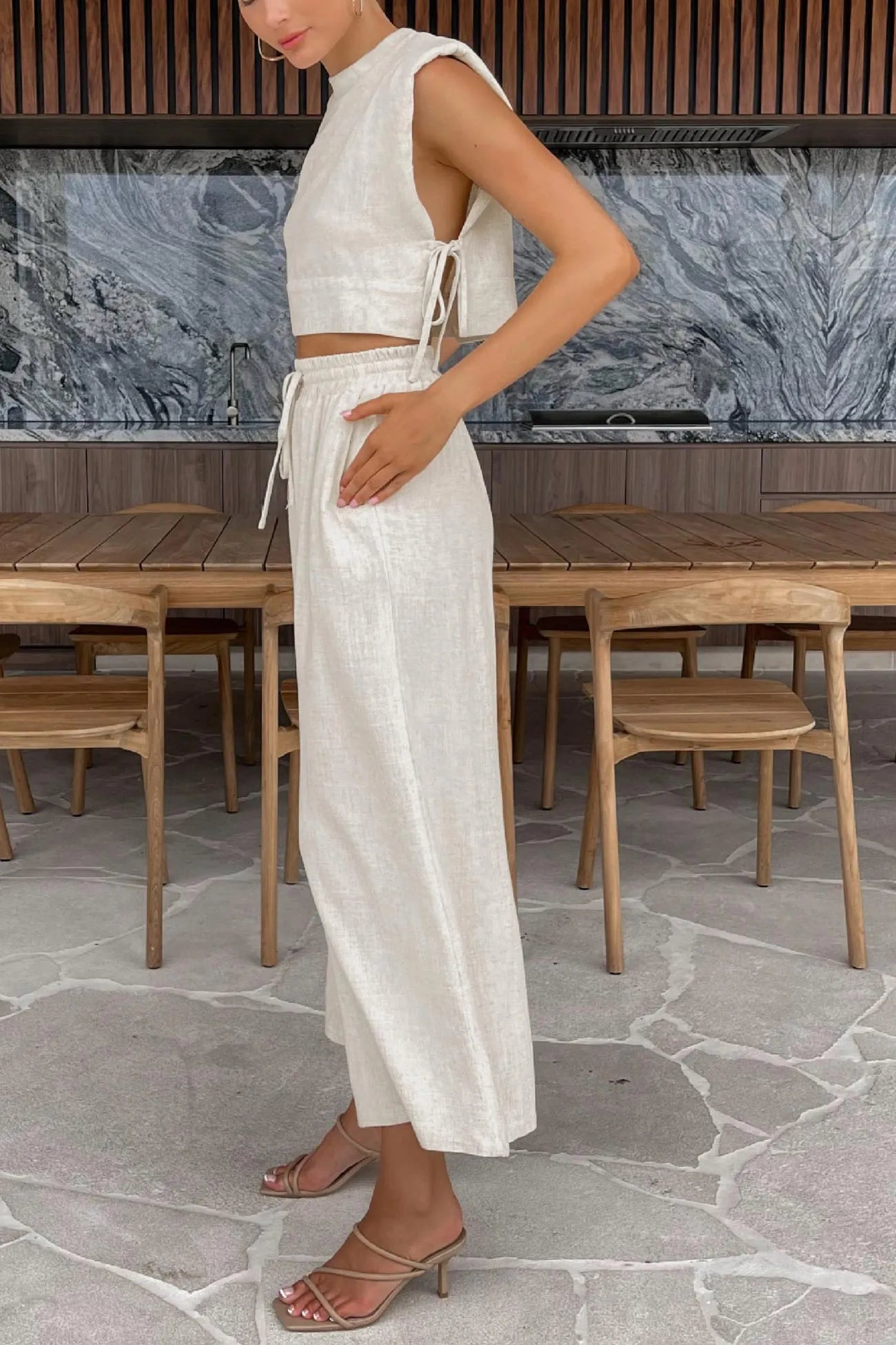 Side Strappy Cotton Linen Vest Trousers Set