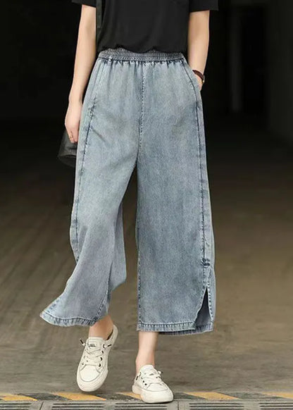 Light Blue Elastic Waist Side Open Denim Crop Pants Summer