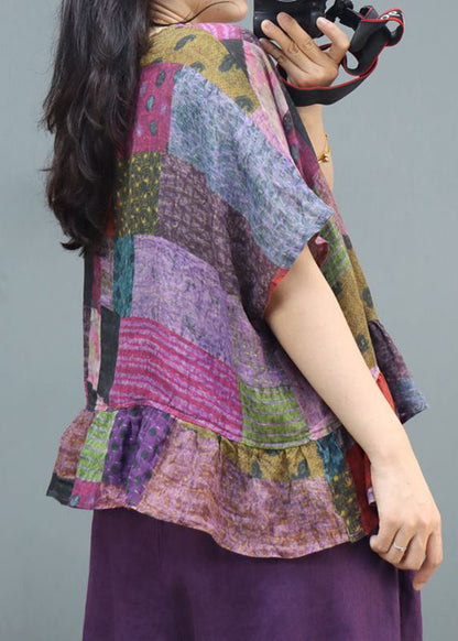 Purple Print Linen Top Short Sleeve