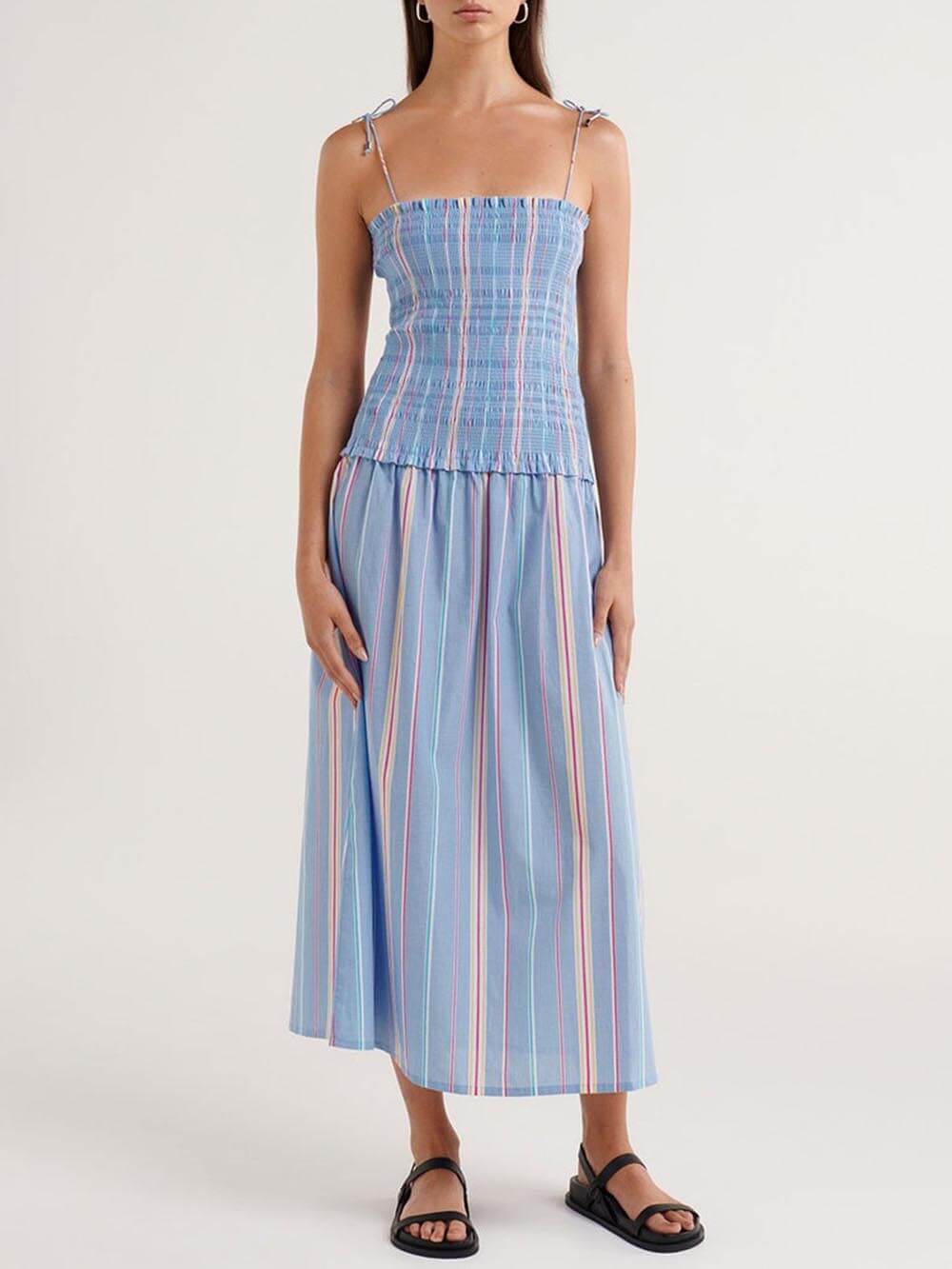 Pleated Striped Printed Stretch Panel Midi Dress