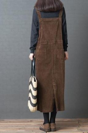 Corduroy Loose Large Pocket Suspenders Dress