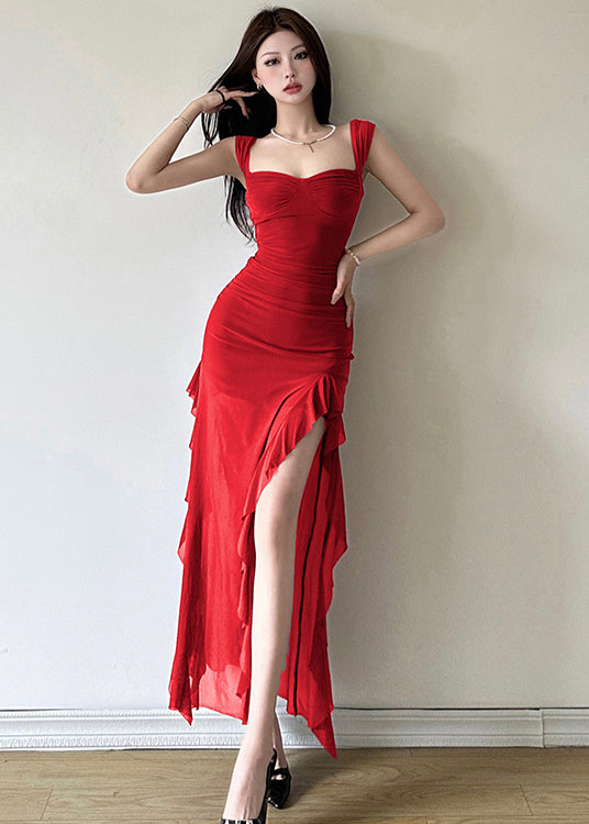 Purple Ruffled Tulle Side Open Slim Fitting Suspender Dress