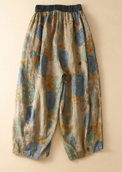 Loose Green Print Elastic Waist Harem Pants