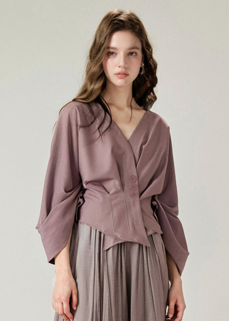 Boutique Purple V Neck Asymmetrical Cotton Tops Fall