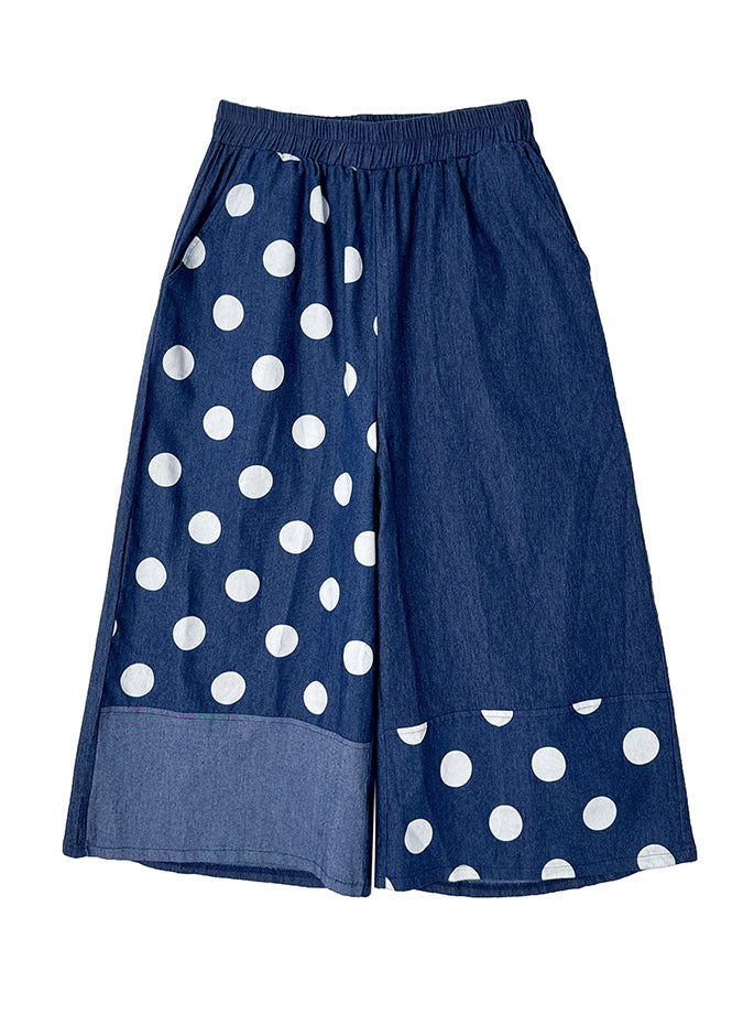 Blue Asymmetrical Patchwork Dot Print Pockets Wide Leg Pants Summer