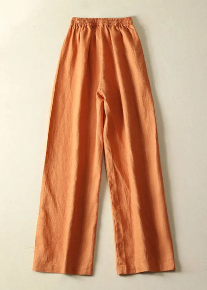 Stylish Orange Pockets Elastic Waist Drawstring Linen Wide Leg Pants Summer