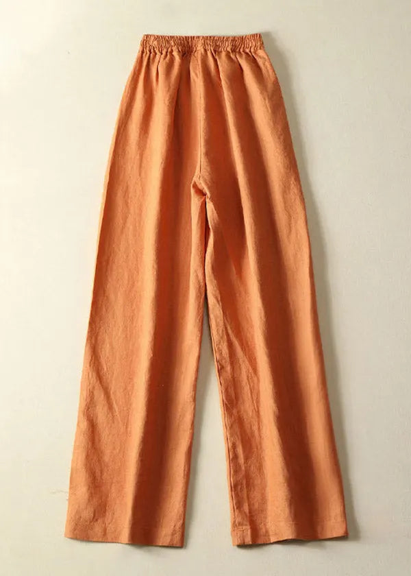 Stylish Orange Pockets Elastic Waist Drawstring Linen Wide Leg Pants Summer