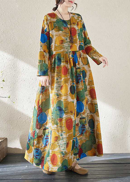 Yellow Patchwor Print Vacation Dresses Long Sleeve