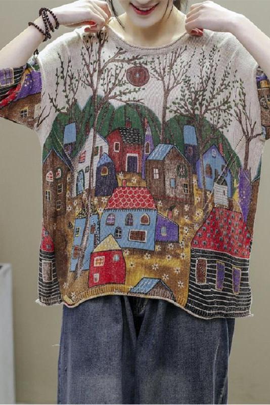 Split Hem Printed Half Sleeve Knitted T-shirt