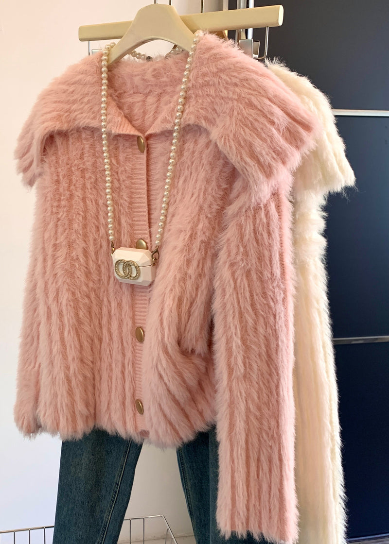 Pink Peter Pan Collar Button Mink Velve Sweater Tops Spring